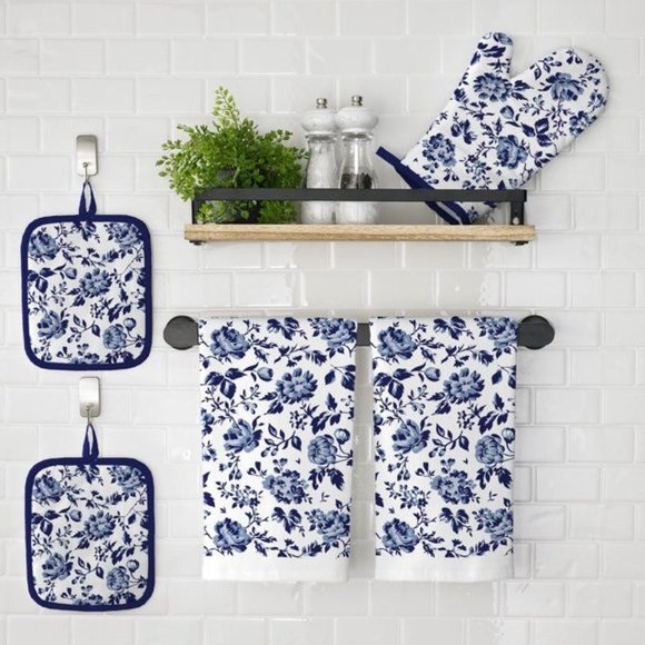 Floral Blooms Kitchen Towel Set 5-Pc Pot Holder Oven Mitt Navy Blue White NEW - Picture 2 of 6